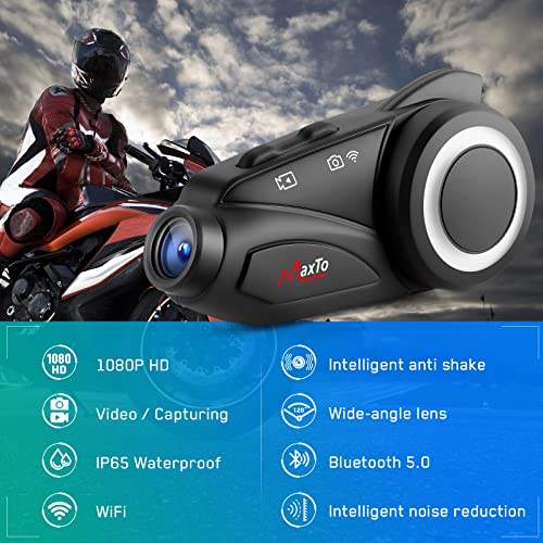 MAXTO Motorcycle Bluetooth Headset with Camera 1080P HD, M3 Upgraded 360°Adjustable Clip, 6 Riders 3280Ft Motorcycle Communication Systems Group Intercoms, WiFi Transit/FM funtion, IP65 Waterproof - Image 2