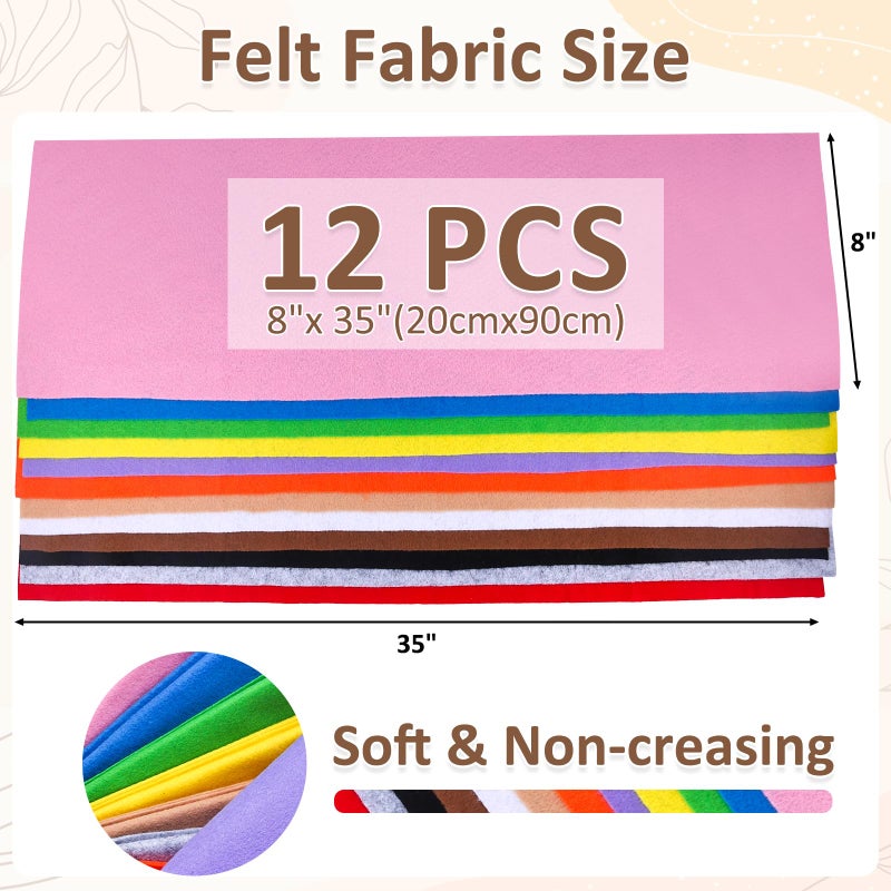 XSEINO 12 Rolls 8"x35"(20.5x90cm) 1.4mm Thick Soft Felt Fabric Sheet 12 Assorted Colors Felt Pack for DIY Craft Sewing Squares Nonwoven Patchwork - Image 3
