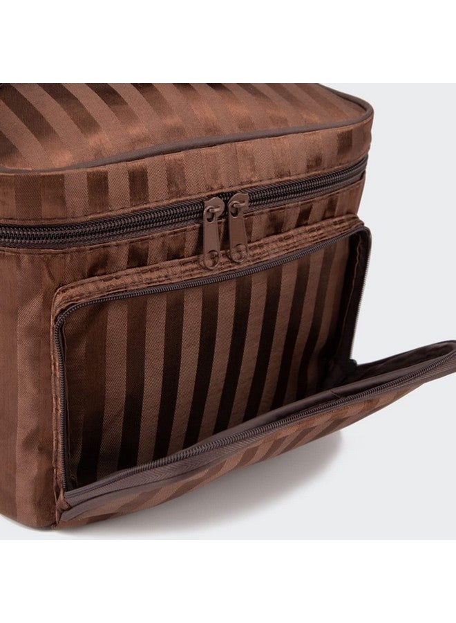 House of Quirk Travel Makeup Bag Large Cosmetic Bags with Brush Holder Make-up Bag Organizer Multifunction Bag for Women Girls - Coffee Stripes - Image 2