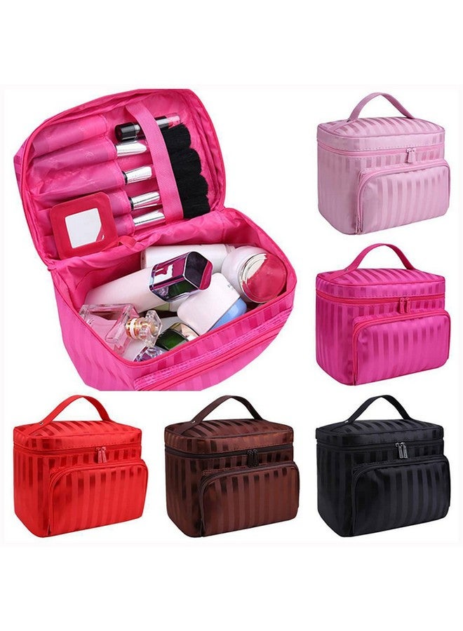 House of Quirk Travel Makeup Bag Large Cosmetic Bags with Brush Holder Make-up Bag Organizer Multifunction Bag for Women Girls - Coffee Stripes - Image 5