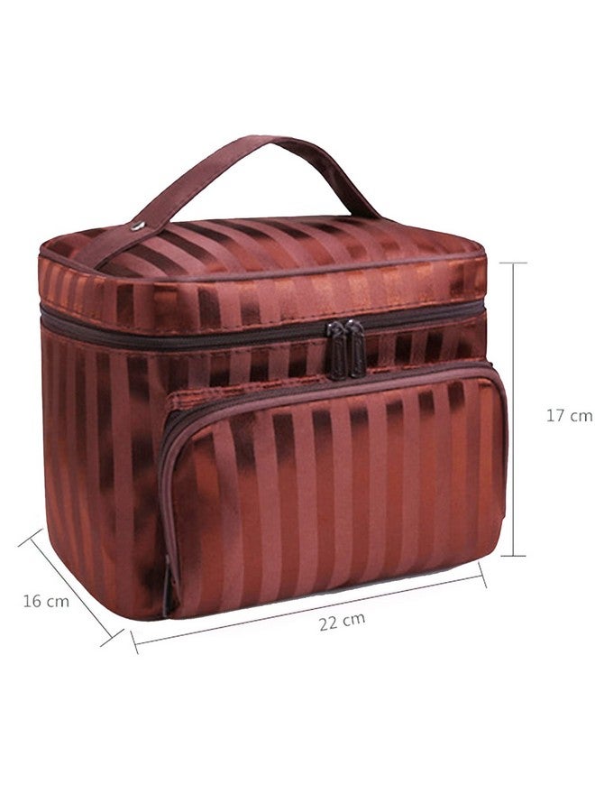 House of Quirk Travel Makeup Bag Large Cosmetic Bags with Brush Holder Make-up Bag Organizer Multifunction Bag for Women Girls - Coffee Stripes - Image 3