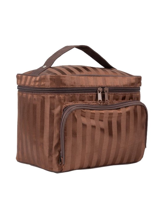 House of Quirk Travel Makeup Bag Large Cosmetic Bags with Brush Holder Make-up Bag Organizer Multifunction Bag for Women Girls - Coffee Stripes - Image 1