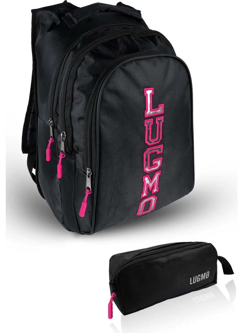 Lugmo Set Middle School High School Bag and Pen Holder Three Compartment Backpack Pink with Emblem