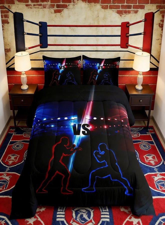 Man Fei Manfei Wrestler Wrestling Comforter Set Queen Size, Young Men Sports Theme Down Comforter with 2 Pillowcases, Blue and Red Bedding Set 3pcs for Kids Boy Teen Room Decor Lightweight Duvet Insert - Image 1