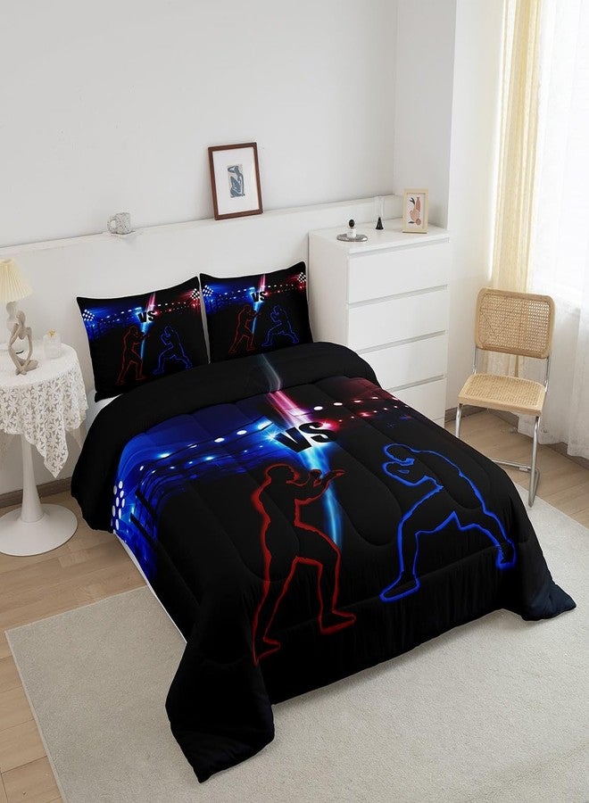 Man Fei Manfei Wrestler Wrestling Comforter Set Queen Size, Young Men Sports Theme Down Comforter with 2 Pillowcases, Blue and Red Bedding Set 3pcs for Kids Boy Teen Room Decor Lightweight Duvet Insert - Image 3