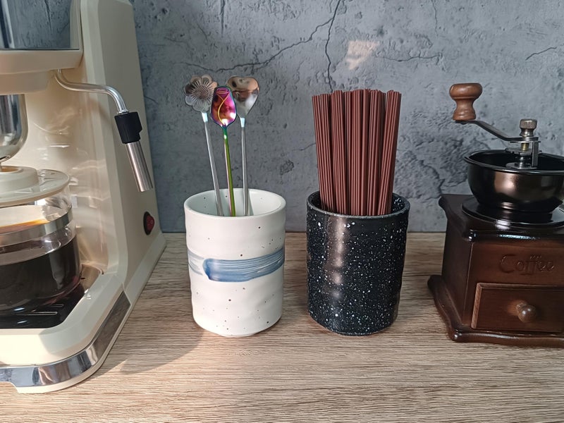 TOPYOKK Stoneware Coffee Bar Utensil Holder Tea & Coffee Spoon & Stirrer Holder for Stir Stick Straw Teaspoon Holder Spoon Cup Small Utensil Jar (Blue feather) - Image 2