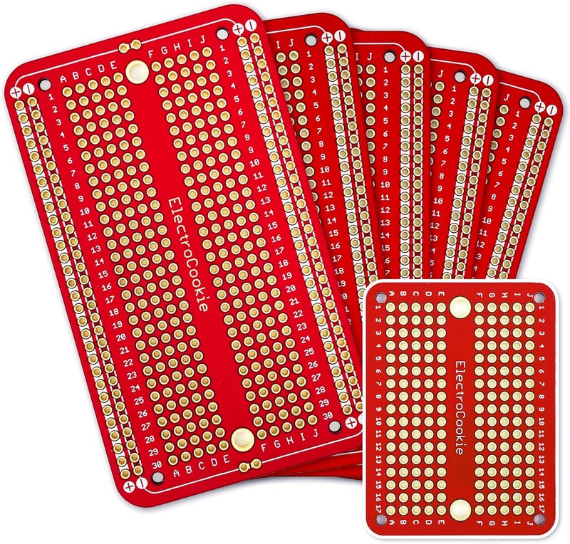 ElectroCookie Prototype PCB Solderable Breadboard for Electronics Projects Compatible for DIY Arduino Soldering Projects, Gold-Plated (5 Pack + 1 Mini Board, Red) - Image 1