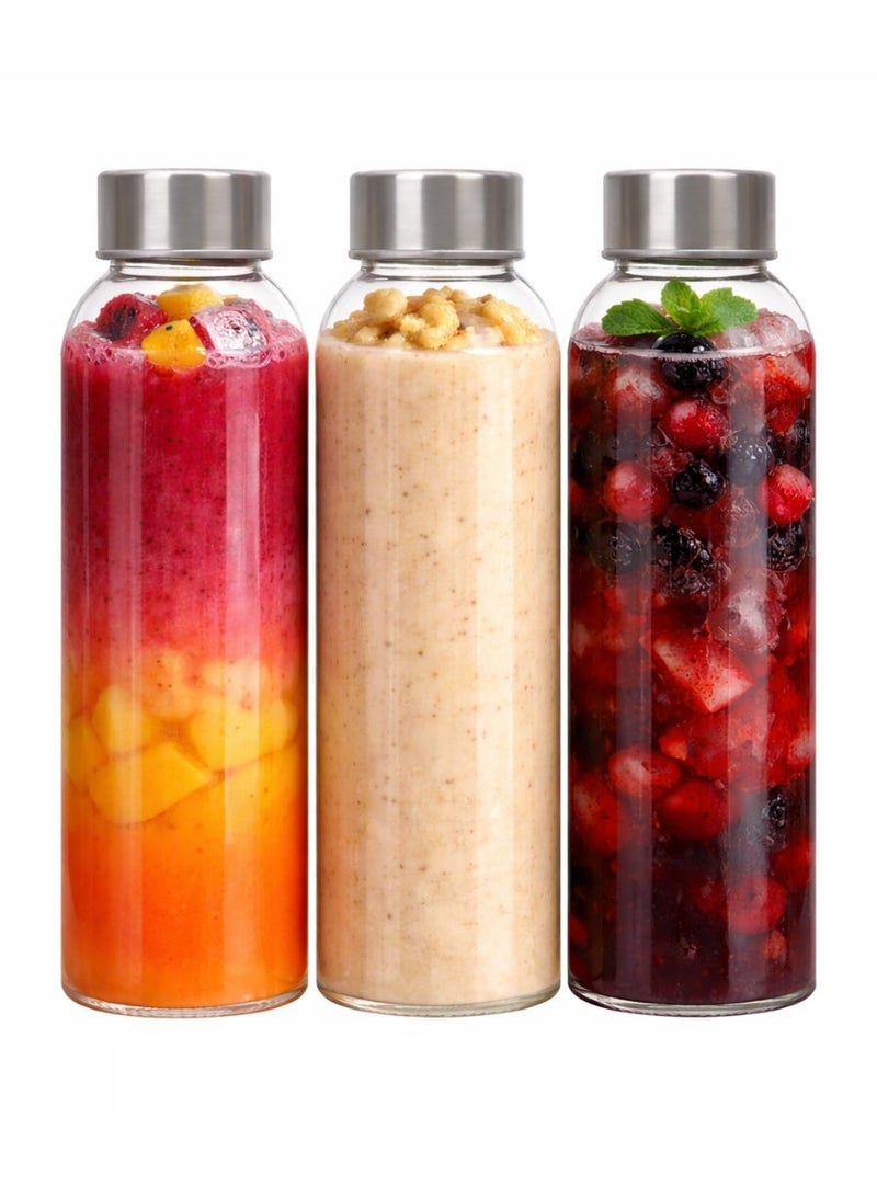 Luxoraq Glass Juice Bottles 500ml with Stainless Steel Lids – Reusable Borosilicate Water Bottles for Fresh Juice, Smoothies, Milk, Kombucha, Infused Water – BPA-Free Empty Bottles for Travel (Pack of 3) - Image 1