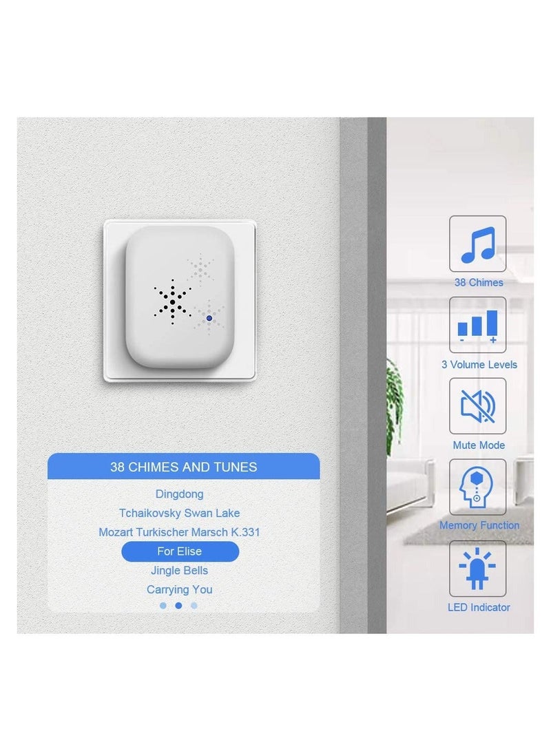 جرس باب ذاتي التشغيل، جرس باب لاسلكي بدون بطارية، مجموعة جرس باب لاسلكي مقاومة للماء بمدى 500 قدم مع 38 نغمة، 4 مستويات للصوت وضوء LED - قابس المملكة المتحدة أبيض - Image 2