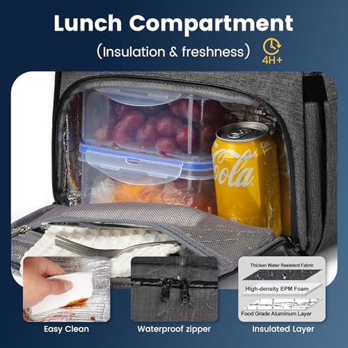 RUCYEN Lunch Backpack, 17.3 Inch Large Lunch Backpack Insulated Cooler Bag Travel Laptop Backpack with USB Port for Men Women, RFID Blocking for Work Picnics Black - Image 4