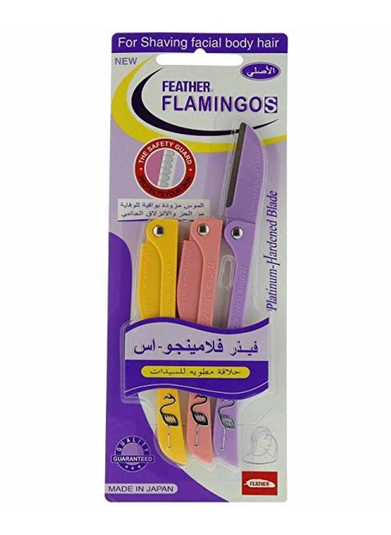 Feather-Flamingo - 2 Packs of 3-Piece Feather Flamingo Face and Body Safety Razor Set For Women Flamingo Design Multicolour: Purple/Yellow/Pink - Image 1