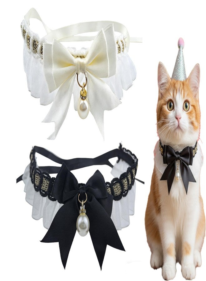 nmajnvo 2 Pcs Lace Cat Collar with Pearl & Fishbone Pendant, Fancy Handmade Jewelry Kitten Necklace, Adjustable Soft Ribbon Tie-on Neckwear for Girl Cats, Small Puppy Birthday Party Wedding Gift - Image 1