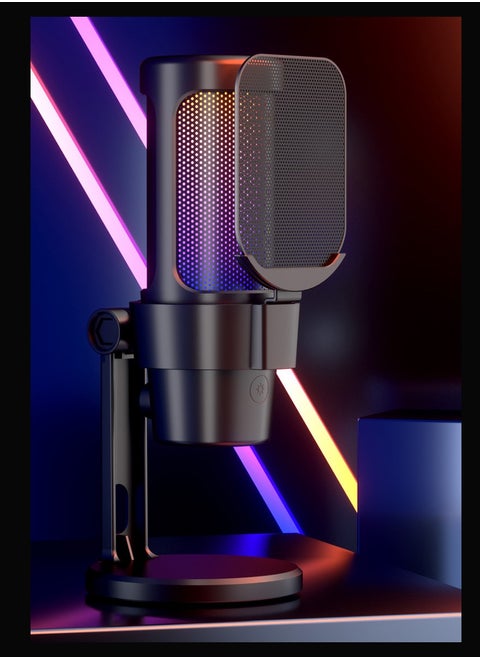 USB-C Gaming Microphone for Podcast Videos, Streaming, Recording,Condenser Mic with Quick Mute, Pop Filter, RGB Indicator,Rotate Gain Button, Compatible with PS5/PC/Mac/Laptop/Phone