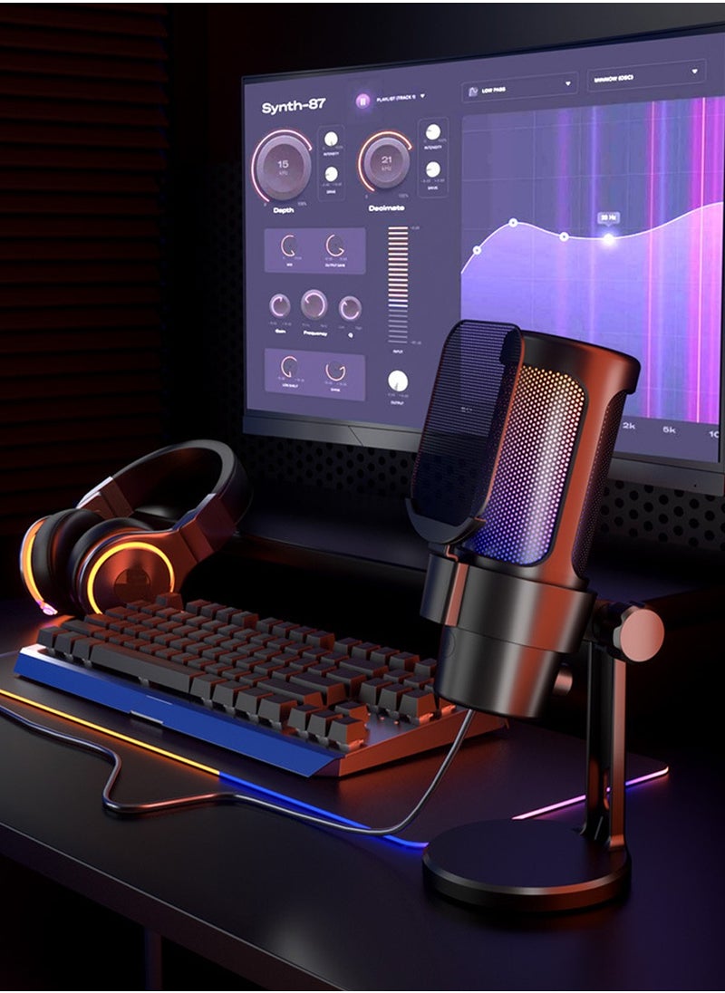 USB-C Gaming Microphone for Podcast Videos, Streaming, Recording,Condenser Mic with Quick Mute, Pop Filter, RGB Indicator,Rotate Gain Button, Compatible with PS5/PC/Mac/Laptop/Phone