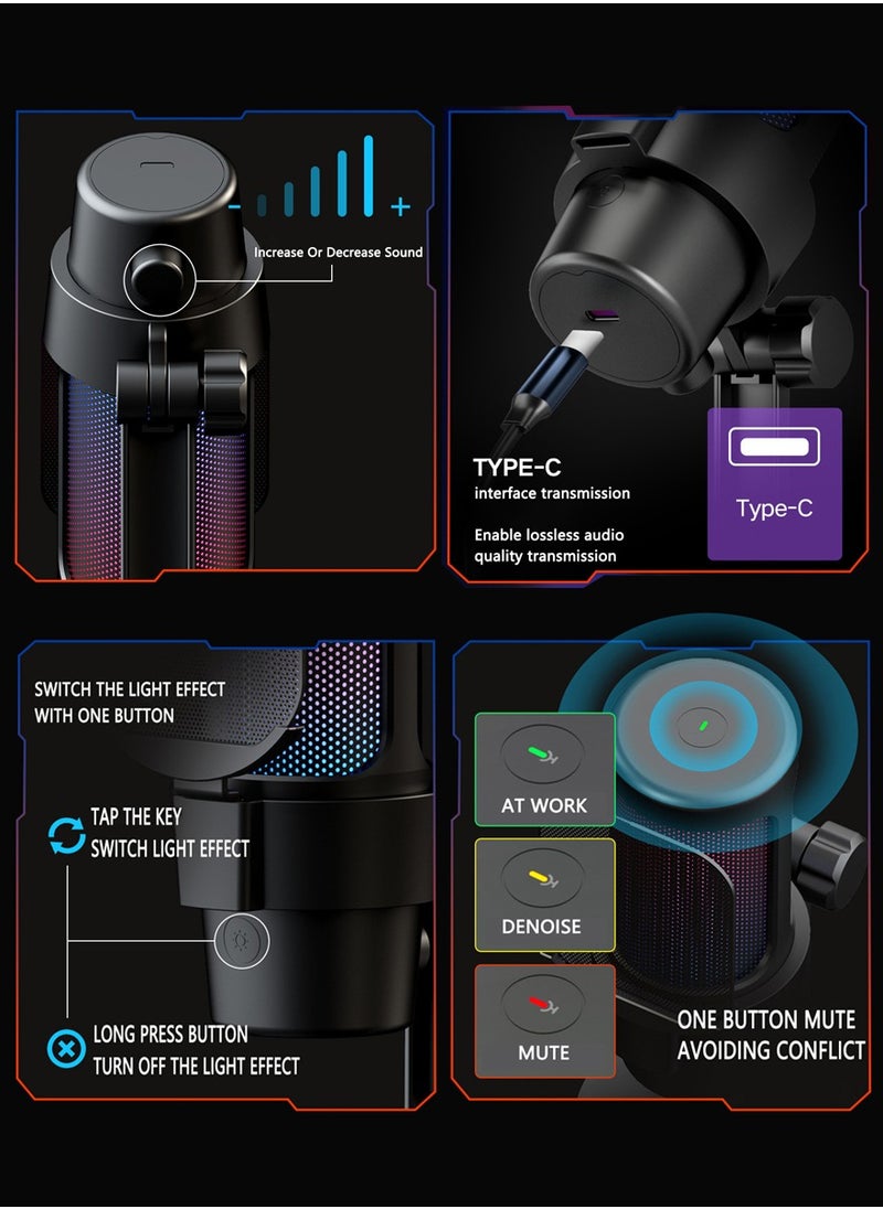 USB-C Gaming Microphone for Podcast Videos, Streaming, Recording,Condenser Mic with Quick Mute, Pop Filter, RGB Indicator,Rotate Gain Button, Compatible with PS5/PC/Mac/Laptop/Phone