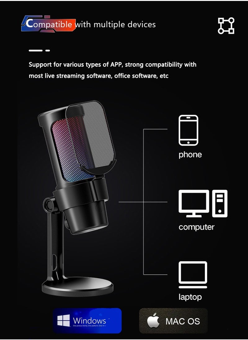 USB-C Gaming Microphone for Podcast Videos, Streaming, Recording,Condenser Mic with Quick Mute, Pop Filter, RGB Indicator,Rotate Gain Button, Compatible with PS5/PC/Mac/Laptop/Phone