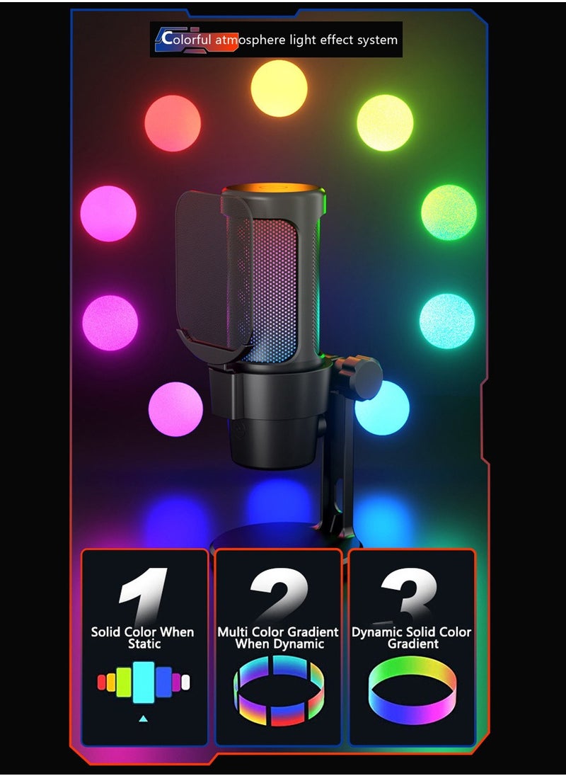 USB-C Gaming Microphone for Podcast Videos, Streaming, Recording,Condenser Mic with Quick Mute, Pop Filter, RGB Indicator,Rotate Gain Button, Compatible with PS5/PC/Mac/Laptop/Phone
