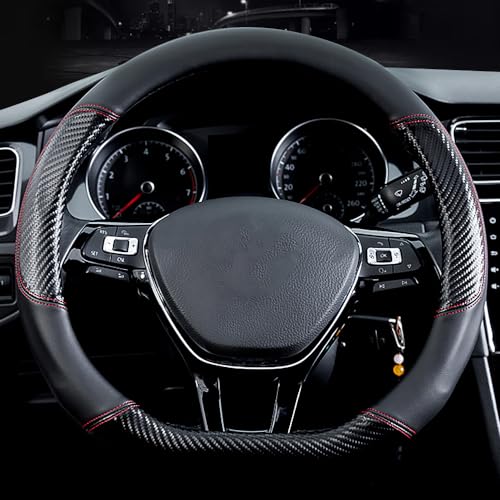 HAOTULE Car Carbon Fiber and Leather D-Shape Steering Wheel Cover, Stylish car Non-Slip Leather car Interior 15 inches Universal Black and Red - Image 2