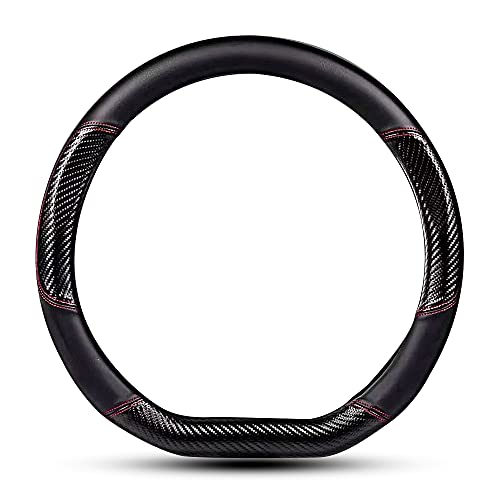 HAOTULE Car Carbon Fiber and Leather D-Shape Steering Wheel Cover, Stylish car Non-Slip Leather car Interior 15 inches Universal Black and Red - Image 1