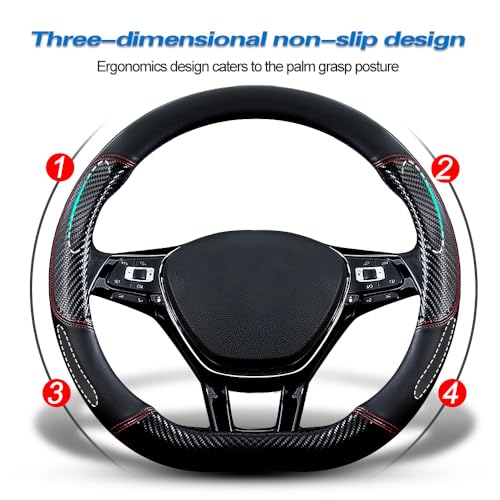 HAOTULE Car Carbon Fiber and Leather D-Shape Steering Wheel Cover, Stylish car Non-Slip Leather car Interior 15 inches Universal Black and Red - Image 3