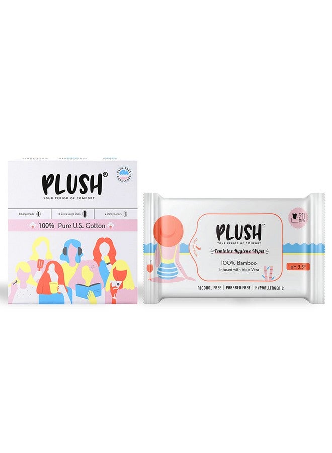 Plush Period Kit For Women With 8 Light Flow Pads, 6 Heavy Flow Pads, 2 Panty Liners And 20 Intimate Wipes | 100% Pure U.S. Cotton, Rash Free | No Chemicals & Fragnance | For All Skin Type | Safe Hygenic Intimate Set - Image 1