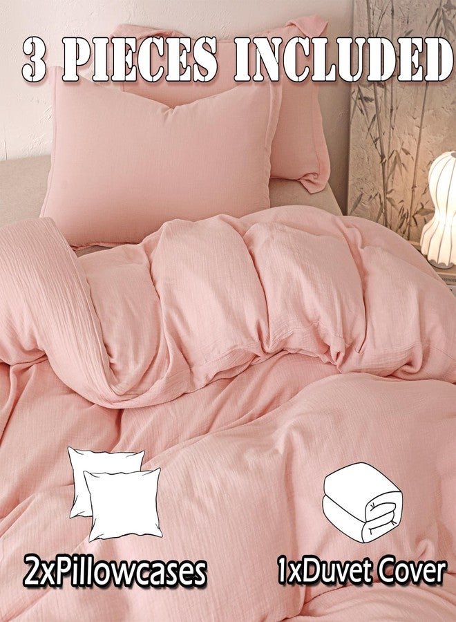 MorroMorn Muslin Duvet Cover Twin Size, 100% Breathable Cotton 2-Layer Gauze Comforter Cover Set 3 Pieces with 2 Pillowcases Zipper Closure & Corner Ties, Ultra Soft Linen Like, 68"x90", Pink - Image 4