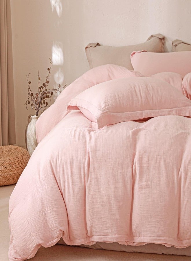 MorroMorn Muslin Duvet Cover Twin Size, 100% Breathable Cotton 2-Layer Gauze Comforter Cover Set 3 Pieces with 2 Pillowcases Zipper Closure & Corner Ties, Ultra Soft Linen Like, 68"x90", Pink - Image 1