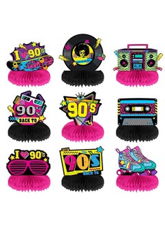 Chinco 9 Pieces 90 Retro Party Supplies Kit 90 Retro Honeycomb Centerpieces Back To 90S Party Table Centerpieces Table Toppers 90 Vintage Table Decorations For 90S Themed Party Nostalgic Party  - Image 1