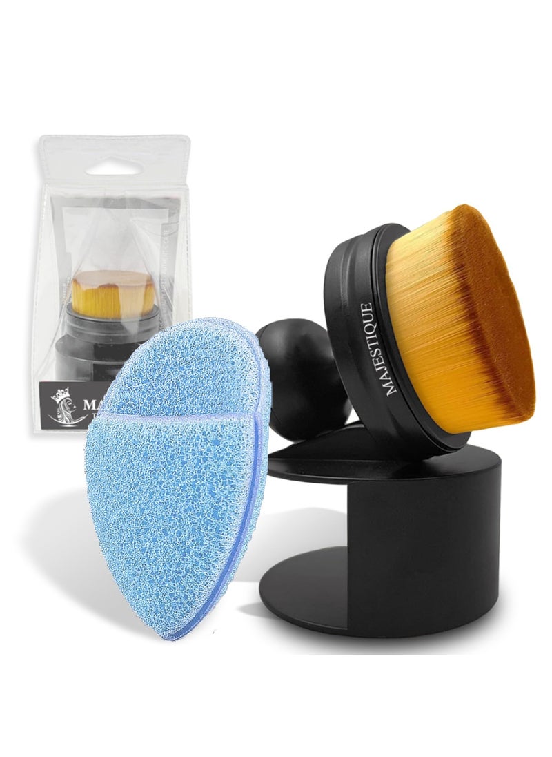 MAJESTIQUE - Majestique Premium Round Circle Foundation Makeup Brush With Silicon Sponge - Foundation Brush For Face & Body - Blending Liquid, Cream, Powder Cosmetic With Protective Case Makeup Remover Sponge - 2 - Image 1