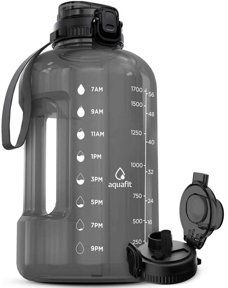AQUAFIT Half Gallon Water Bottle with Time Marker - Straw & Chug Lid - BPA Free Gym Water Bottle with Straw - Big Gallon Jug (Gray, 64 oz - 2in1 Lid) - Image 1