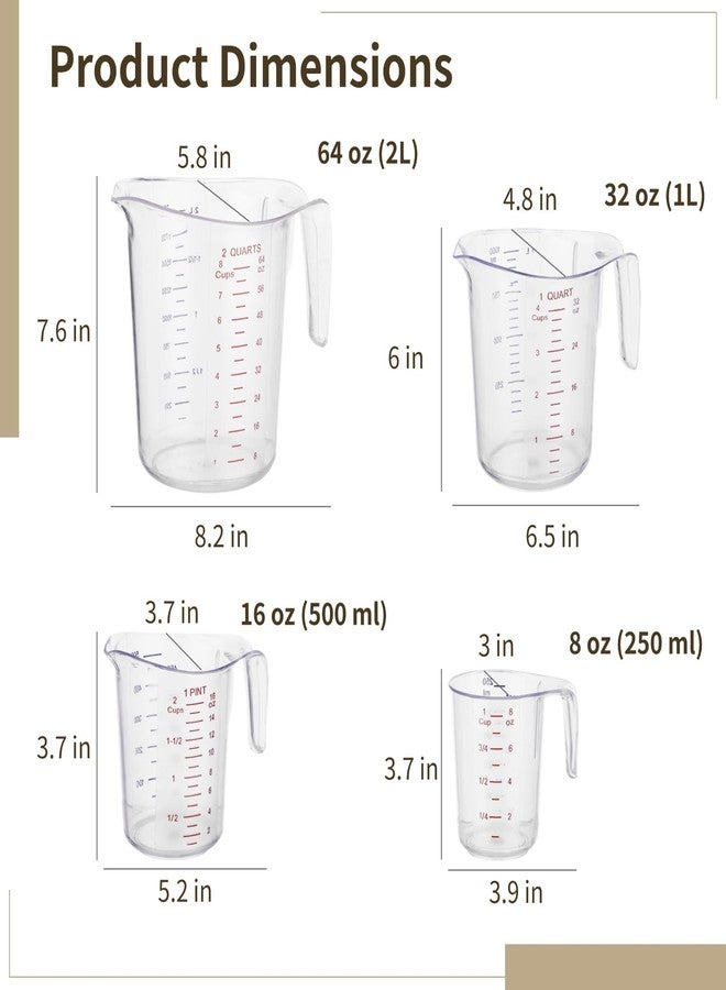 NIMBLOOM 4 Pcs Plastic Measuring Cups Set, PC Cups with Handles, 64 oz (2L) / 32 oz (1L) / 16 oz (500 ml) / 8 oz (250 ml) Stackable Measuring Tool, Clear Long-lasting Liquid Dispenser - Image 5