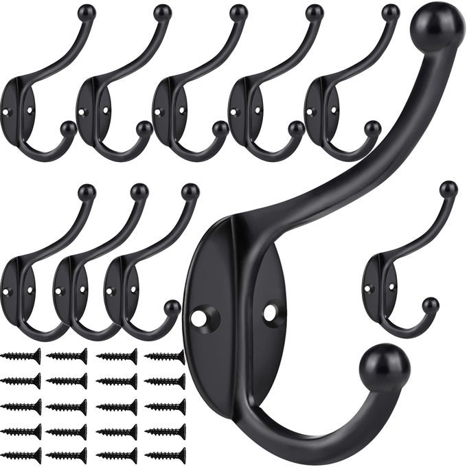 WALL HOOKS10PCS COAT HOOKS HARDWARE TOWEL HOOKS FOR HANGING COATS DOUBLE NO RUST BLACK ROBE HOOKS WALL MOUNTED WITH SCREWS FOR KEY TOWEL BAGS CUP HAT