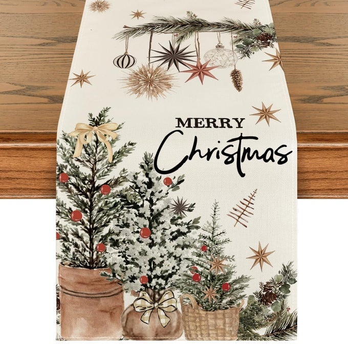 XMAS TREES HOLLY PINE CONE MERRY CHRISTMAS TABLE RUNNER SEASONAL WINTER KITCHEN DINING TABLE DECORATION FOR HOME PARTY DECOR 13X108 INCH