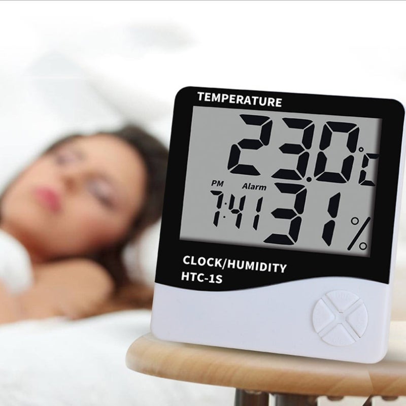 Digital Humidity Meter Thermometer Indoor LCD Hygrometer Temperature Alarm Clock HTC-1 White 10.5cm - Image 1