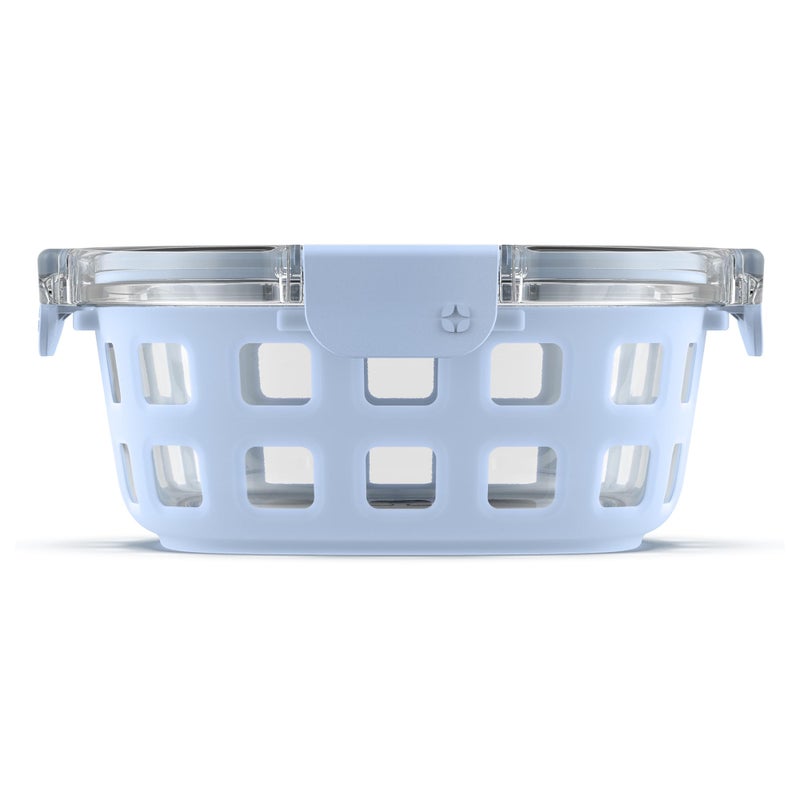 Ello Duraglass Meal Prep Container 4 cup Glass Food Storage Container with Silicone Sleeve and Airtight BPAFree Plastic Lid Dishwasher Microwave and Freezer Safe Halogen Blue