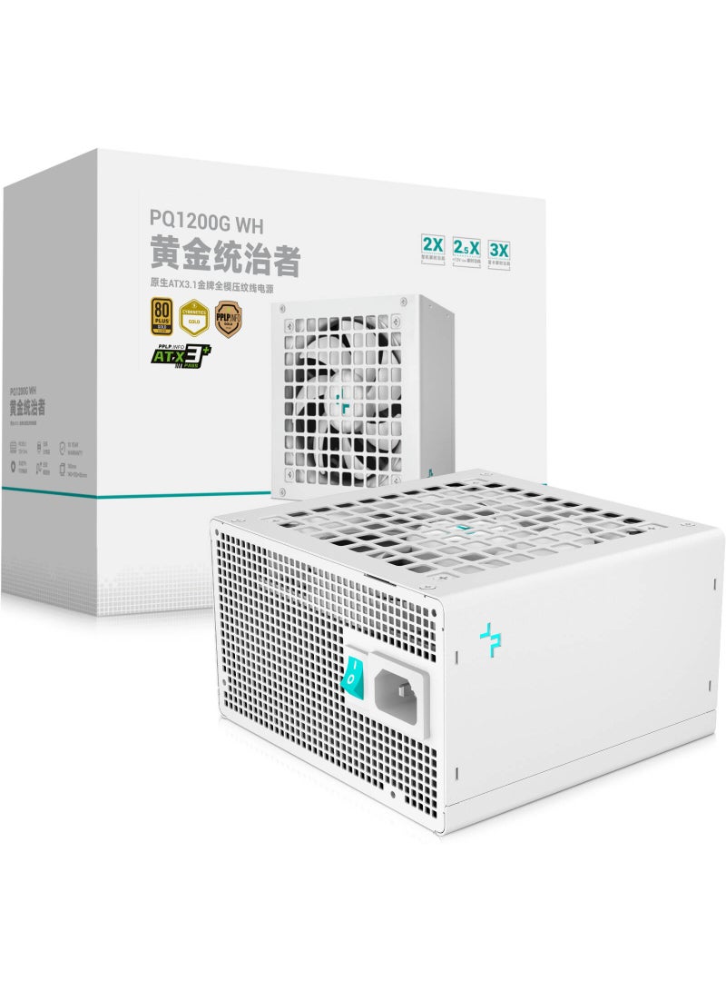 ديب كول مزود طاقة PQ1200G بقدرة 1200 واط، معياري بالكامل - ATX 3.1، حاصل على شهادة 80 PLUS Gold، يدعم PCIe 5.1، 12 فولت - 2x6، مروحة FDB مقاس 120 مم، مكثفات يابانية، حماية كاملة، أبيض | R-PQC00G-FD1B-JGUK-V1 - Image 1