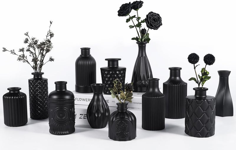 TBWIND 12pcs Glass Black Bud Vases Set, Small Vases for Flowers, Bud Vase for Centerpieces in Bulk, Mini Vintage Vase for Rustic Wedding Decorations, Office and Home Table Flower Décor - Image 1