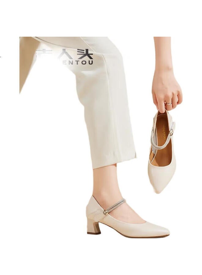 LAORENTOU High Heels For Women, Top-Grain Leather, Chunky Heel, Single-Strap Buckle, Work Shoes, French-Style Women'S Shoes, Lb61, White, Size 35 - Image 3