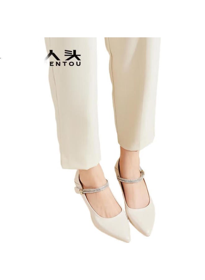 LAORENTOU High Heels For Women, Top-Grain Leather, Chunky Heel, Single-Strap Buckle, Work Shoes, French-Style Women'S Shoes, Lb61, White, Size 35 - Image 2