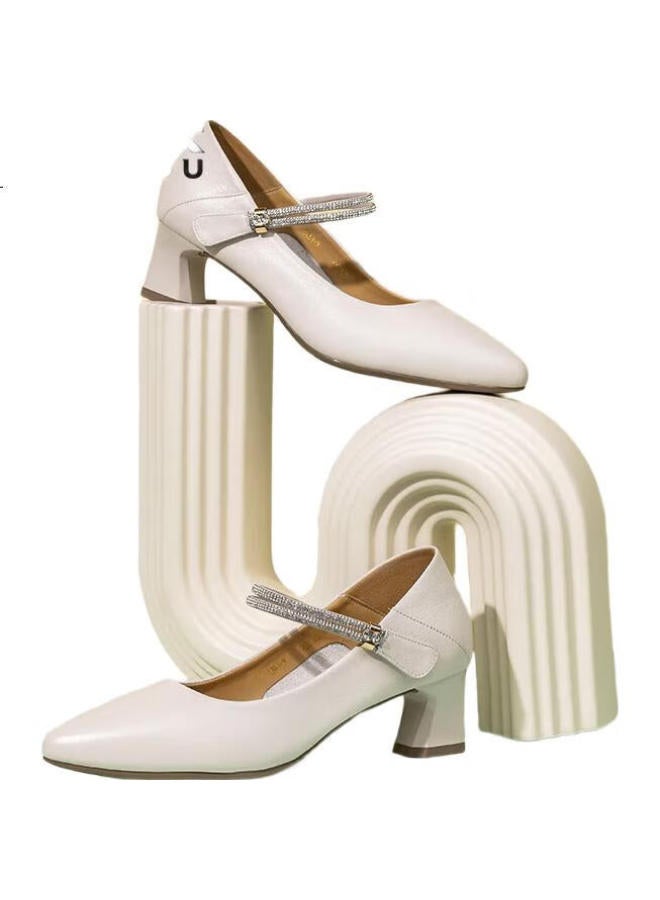 LAORENTOU High Heels For Women, Top-Grain Leather, Chunky Heel, Single-Strap Buckle, Work Shoes, French-Style Women'S Shoes, Lb61, White, Size 35 - Image 1