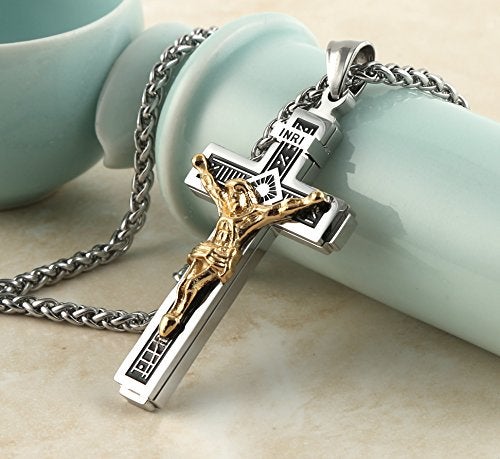 HZMAN Catholic Jesus Christ on INRI Cross Crucifix Gold Silver Tone stainless steel Pendant Necklace 22+2 Chain (Silver & Gold) - Image 3