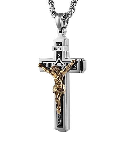 HZMAN Catholic Jesus Christ on INRI Cross Crucifix Gold Silver Tone stainless steel Pendant Necklace 22+2 Chain (Silver & Gold) - Image 1