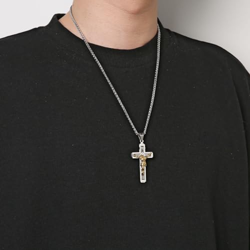 HZMAN Catholic Jesus Christ on INRI Cross Crucifix Gold Silver Tone stainless steel Pendant Necklace 22+2 Chain (Silver & Gold) - Image 2
