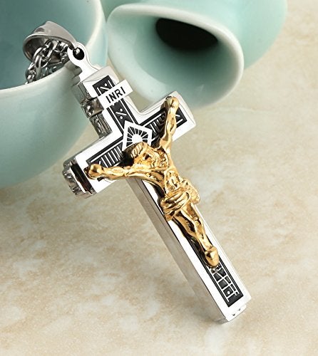 HZMAN Catholic Jesus Christ on INRI Cross Crucifix Gold Silver Tone stainless steel Pendant Necklace 22+2 Chain (Silver & Gold) - Image 4