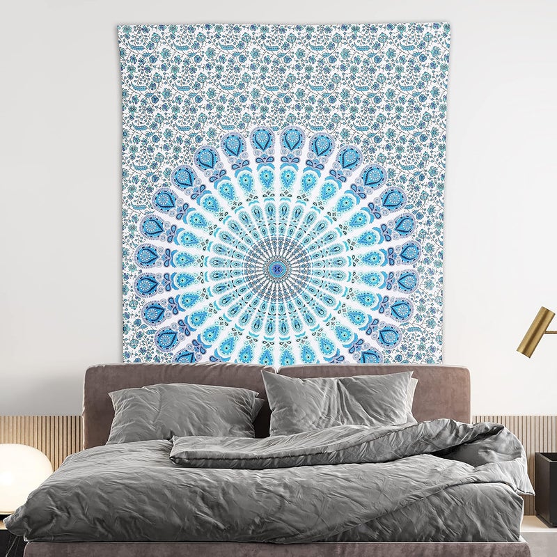 Bless International Indian hippie Bohemian Psychedelic Peacock Mandala Wall hanging Bedding Tapestry (Peacock Sky Blue, Twin (54x72Inches)(140x185cms)) - Image 2