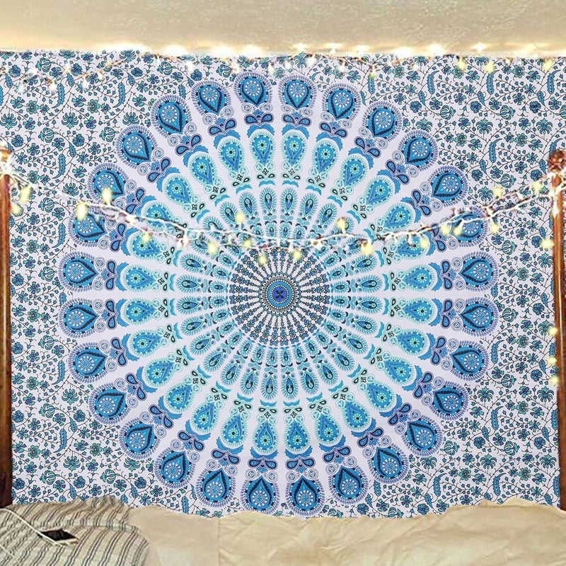 Bless International Indian hippie Bohemian Psychedelic Peacock Mandala Wall hanging Bedding Tapestry (Peacock Sky Blue, Twin (54x72Inches)(140x185cms)) - Image 5