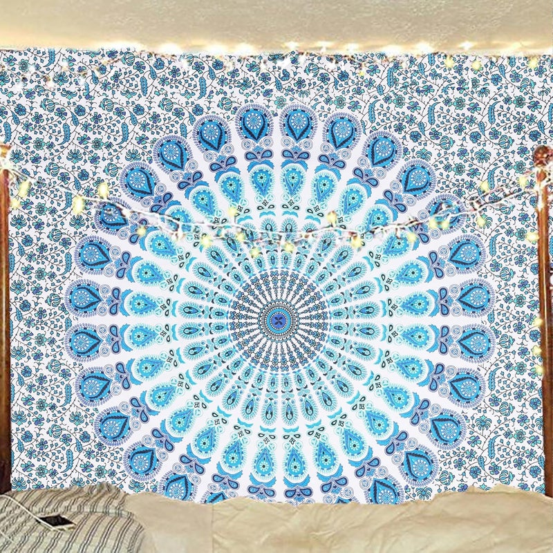 Bless International Indian hippie Bohemian Psychedelic Peacock Mandala Wall hanging Bedding Tapestry (Peacock Sky Blue, Twin (54x72Inches)(140x185cms)) - Image 1