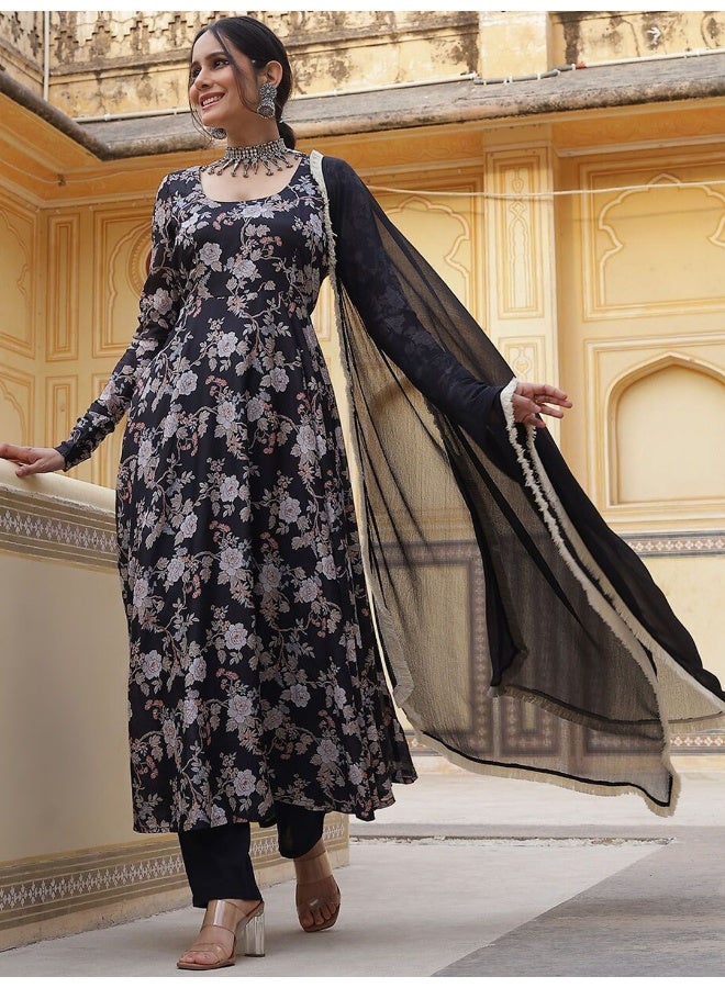 AKS AKS Couture Floral Printed Regular Anarkali Kurta with Trousers & Dupatta  - Image 1