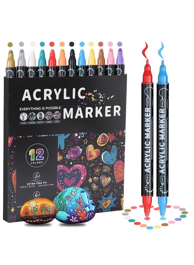 Generic 12 Color Dual Tip Acrylic Paint Markers for Wood, Rock, Glass, Canvas and DIY Crafts - Premium Quality Art Supplies - Image 1