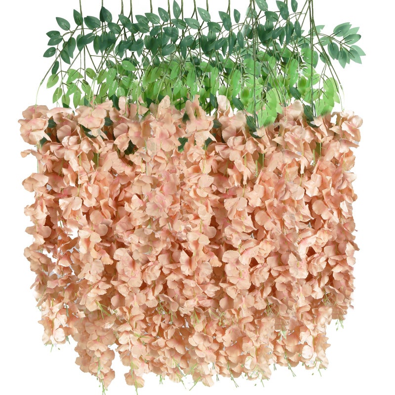 INSUNSIX 12Pack Wisteria Hanging Flowers 36ft Fake Flower Garland Faux Wisteria Vines Champagne Artificial Silk Flowers Bushy Rattan String for Garden Home Wall Wedding Decorations Champagne